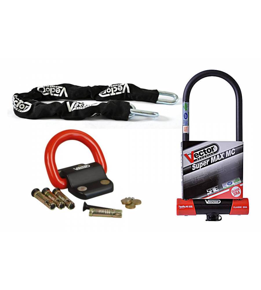 Kit antivol Vector chaîne 1,30m + antivol U Super MAX MC XXXL + Fixation Compac Blok 